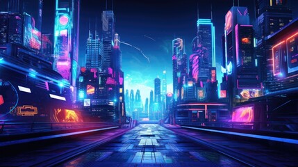 Naklejka premium A cyberpunk-inspired cityscape at night, illuminated by neon signs and lights, with futuristic cars traversing the vividly colored streets. Resplendent.