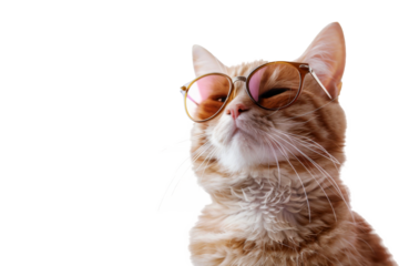 Happy smile kitty Cat wear sunglasses with summer season costume isolated on background, pets summer, lovely cat, holiday vacation.