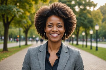 Portrait of confident smiling african american mid adult businesswoman with afro hairstyle at park - Powered by Adobe