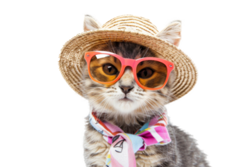 Happy smile kitty Cat wear sunglasses with summer season costume isolated on background, pets summer, lovely cat, holiday vacation.