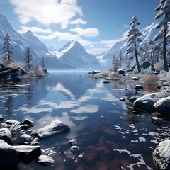 Beautiful winter landscape with frozen lake and snowcapped mountains.