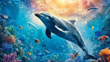 Obraz na płótnie Canvas World Oceans Day, Day of Water. Dolphin a Guardians of the Sea, Ocean Conservation and Protection, Stop Ocean Plastic pollution, Underwater Ecosystem