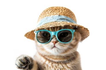 Happy smile kitty Cat wear sunglasses with summer season costume isolated on background, pets summer, lovely cat, holiday vacation.