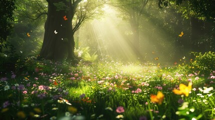 A tranquil forest glade carpeted with vibrant wildflowers, bathed in the soft glow of sunlight filtering through the canopy above, with butterflies flitting among the blooms.