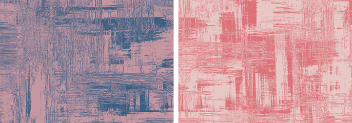Grungy purple and coral backgrounds rough paint strokes on canvas, set of two abstract paintings, cross hatching backdrop