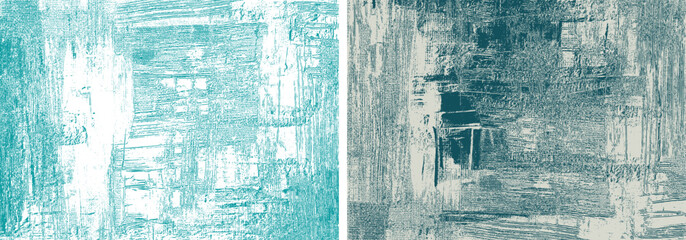 Grungy turquoise backgrounds rough paint strokes on canvas, azure set of two abstract paintings, cross hatching backdrops