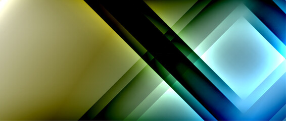 A symmetrical pattern of rectangles and circles in electric blue, green, and yellow tints and shades on a metallic background. Inspired by macro photography of terrestrial plants