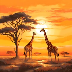 Fototapeta na wymiar Giraffe Sunset Serenity: Graceful giraffes against a tranquil and colorful sunset