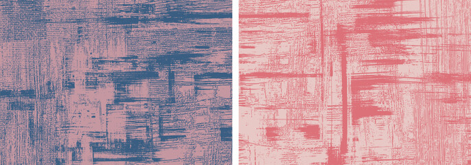 Grungy purple and coral backgrounds rough paint strokes on canvas, set of two abstract paintings, cross hatching backdrop