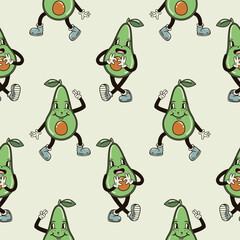 A seamless pattern with funny, cute and smiling avocado character in a groovy style vector illustration