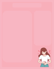 Illustration of a girl with menstrual cramps, notepad, stomachache