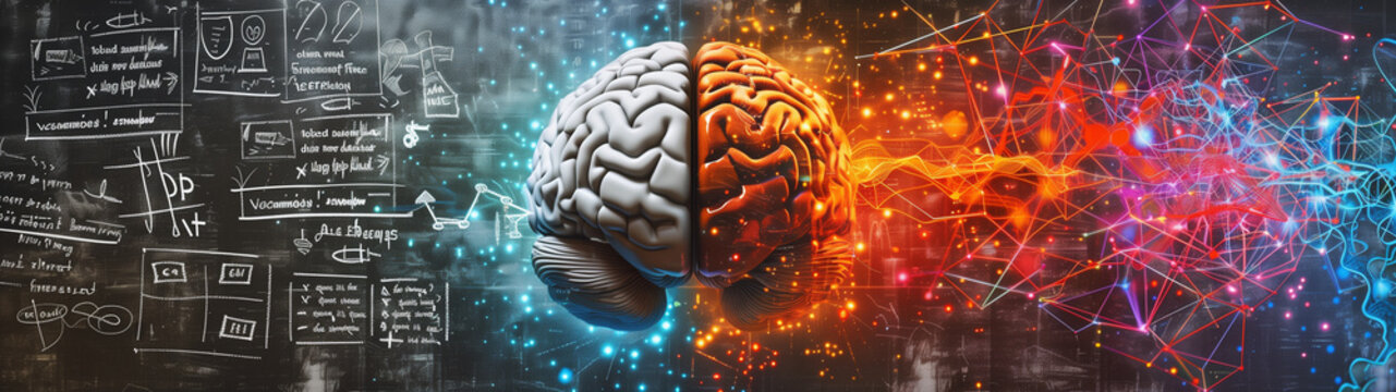 Human Brain Model Overlaid with Scientific Equations on a Chalkboard Background