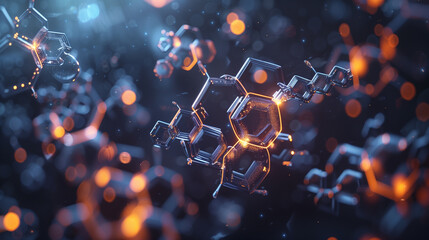 Close-up of Glowing Molecular Structure with Bokeh Light Effects - obrazy, fototapety, plakaty