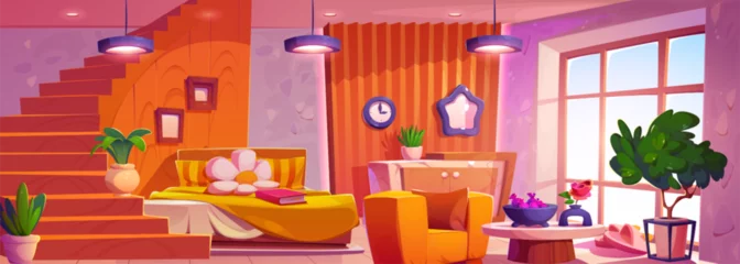 Foto op Canvas Bedroom interior for girl. Cartoon teen home design with bed, plant in pot, armchair and stylish flower pillow. Staircase in nice room with daylight from window. Light comfort apartment for teenager © klyaksun