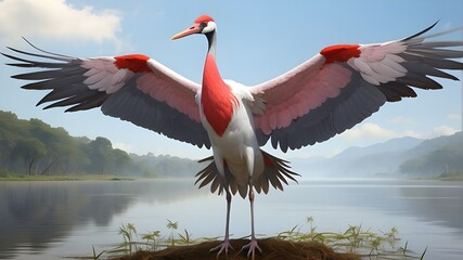 The world's tallest flying bird is the sarus crane. faunal animals. - obrazy, fototapety, plakaty