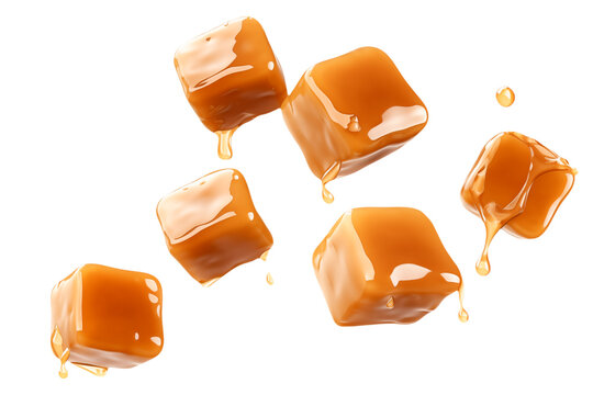Salted caramel cubes levitation isolated on transparent background.