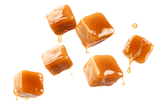 Salted caramel cubes levitation isolated on transparent background.