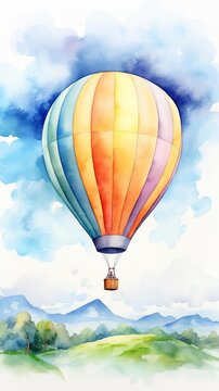 A watercolor painting of a hot air balloon floating over a green landscape with blue mountains in the distance.