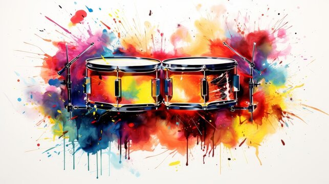 Colorful watercolor painting of a drum kit.