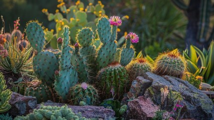 Cactus plants in a rocky garden with flowers