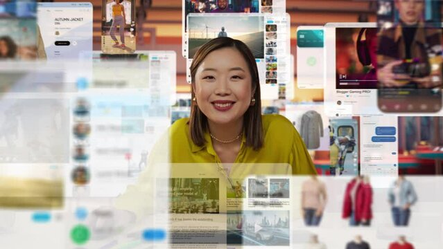 Dynamic Portrait with an Asian Woman Engaging in Online Shopping and Content Creation at Her Home Office. Camera Fluidly Moves Around Her, Capturing Her Interactions With Multiple Digital Screens