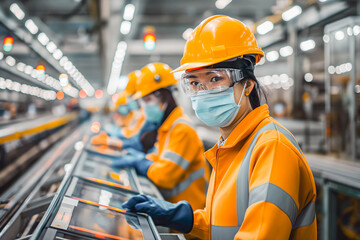 Industrial workers wearing face mask and safety goggles while working in factory