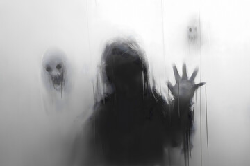 Scary ghost behind the glass in halloween day, black and white