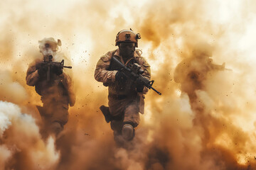 Soldiers in full gear fighting with fire and smoke. Special forces soldier