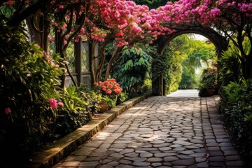 Pathway Perspective: Shoot the decor from the end of a garden pathway. - obrazy, fototapety, plakaty