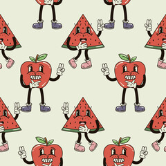A seamless pattern with funny, cute and smiling apple and watermelon character in a groovy style vector illustration