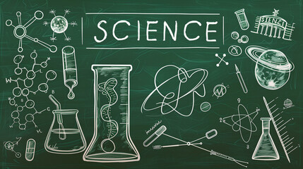 Chalkboard with Science Concept Drawings including DNA, Atoms, and Lab Equipment