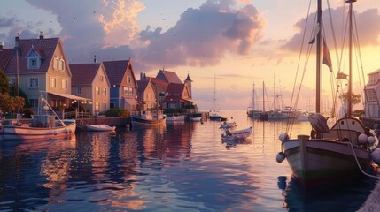 A tranquil coastal village bathed in the soft light of dawn, its pastel-hued cottages clustered...