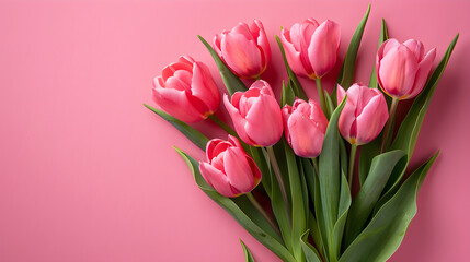 Beautiful composition of pink tulip flowers on a pastel pink background, suitable for Valentine's Day, Easter, birthday, Mother's Day, or as a gift.