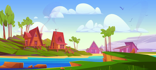 Village or hotel wooden cabins on shore of river or lake. Cartoon vector summer landscape with wood cozy houses on banks of pond or sea with green grass and trees. Countryside scenery for vacation. - obrazy, fototapety, plakaty