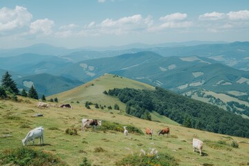 Cow goat pasture in a field ecological local farm no cruelty animal safety happiness herd flock milk eco environment sustainability humanity agriculture green forest meadows mountains grass land