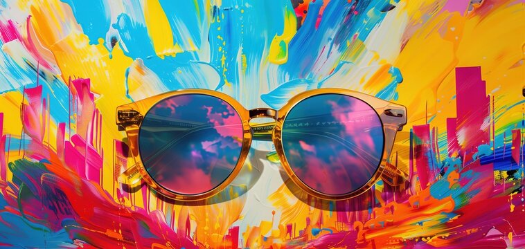 Energetic bursts of color surrounding trendy sunglasses