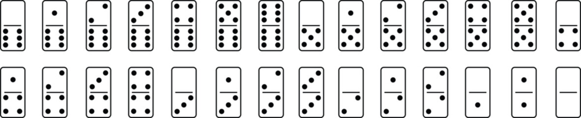 Set of Dominoes icons line styles with editable stock. Domino bones art designs. Abstract concept for game element. Series wooden chip. Stone for tournament, casino isolated on transparent background.