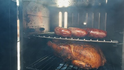 Whole chicken and sausages in a smoker outside 