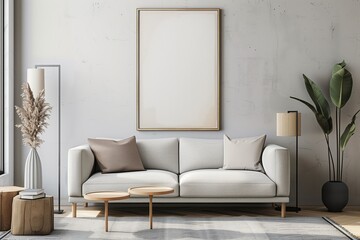Mockup photo of a large poster in a minimalist urban contemporary sparse living room