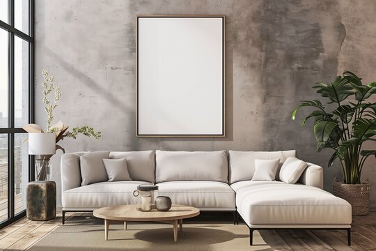 Mockup photo of a large poster in a minimalist urban contemporary sparse living room