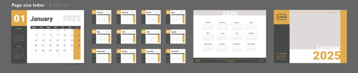 Set of 2025 Monthly Calendar Planner Templates, Annual 2026, Cover with Place for Photo, Company Logo. Vector pages of wall or desk calendar for printing size Letter-8.5x11 in. Week start on Monday