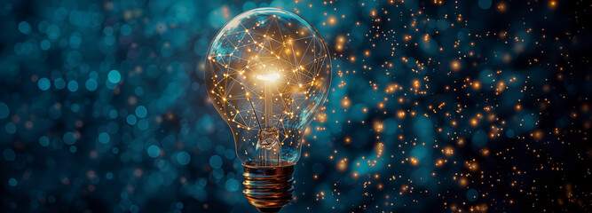 classic-shaped light bulb that is brightly lit from within. The bulb is surrounded by sparkling, interconnected lines of light that create an intricate network