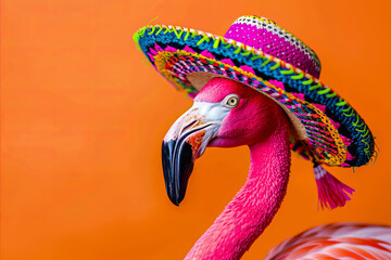 A pink flamingo wearing a Mexican sombrero against a bright color background