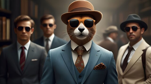 cat and other mysterious animals are appearing as gangster. cats in suit. looking like gentlemen.
