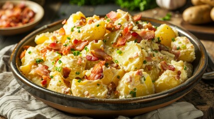Closeup of a serving of Germanstyle potato salad tossed in a tangy vinaigrette and topped with crispy bacon bits. This side dish is a common accompaniment to sausages adding a savory .