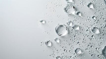Water drops on a white background, shown in a flat lay top view macro shot