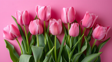 Fototapeta premium Beautiful composition of pink tulip flowers on a pastel pink background, suitable for various occasions and celebrations