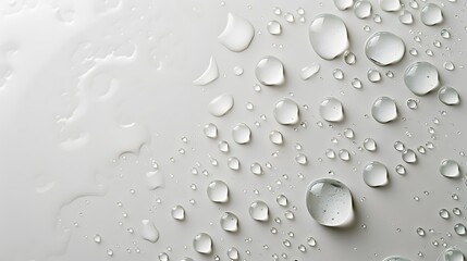 Fototapeta premium Water drops on a white background, shown in a flat lay top view macro shot