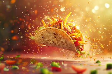 Mexican tacos flying in the air exploding with flavour and bursting with fresh ingredients