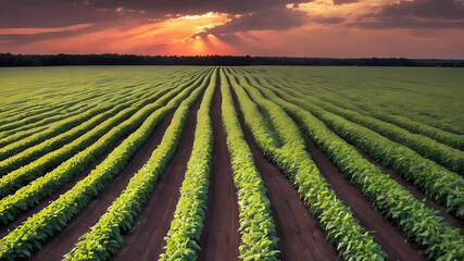 Soybean field at sunset - obrazy, fototapety, plakaty